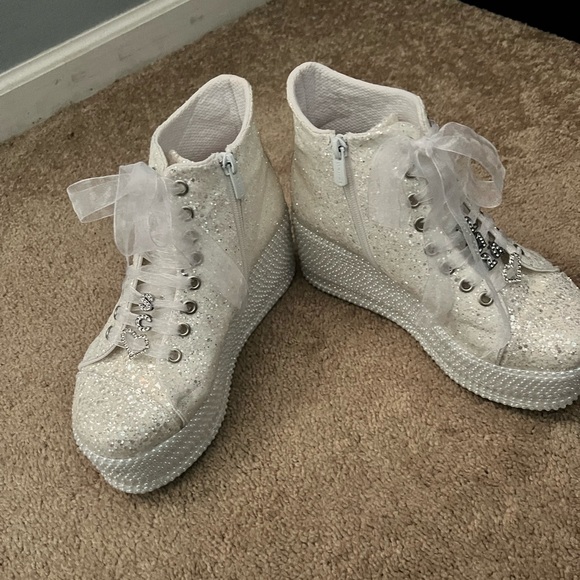White Platform Bedazzled Sneakers - Wedding Reception Bridal Shoes - Picture 1 of 6